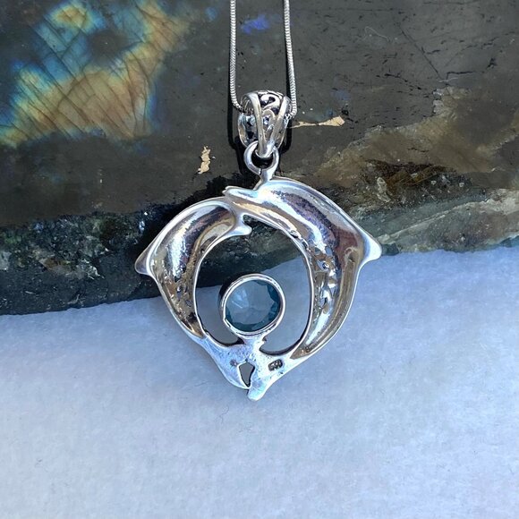Sterling Silver 925 Blue Topaz Dolphin Earrings & Pendant Necklace Set 18" - Picture 9 of 16
